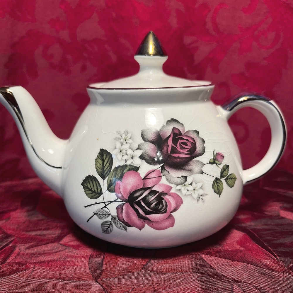 Vintage Gibsons Staffordshire Floral Teapot Pink Roses Made in England 1950s
